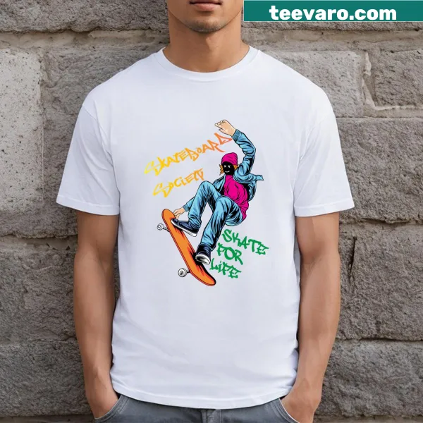 Vintage-distressed Skateboard Society t-shirt with urban graphic.