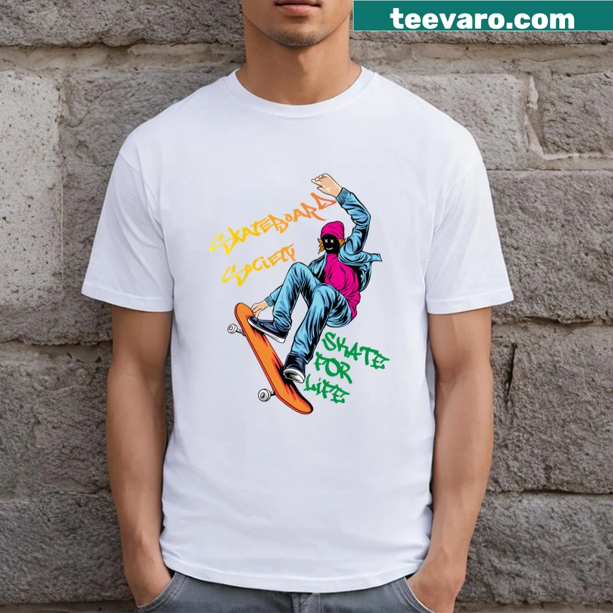 Vintage-distressed Skateboard Society t-shirt with urban graphic. — on a men's t-shirt