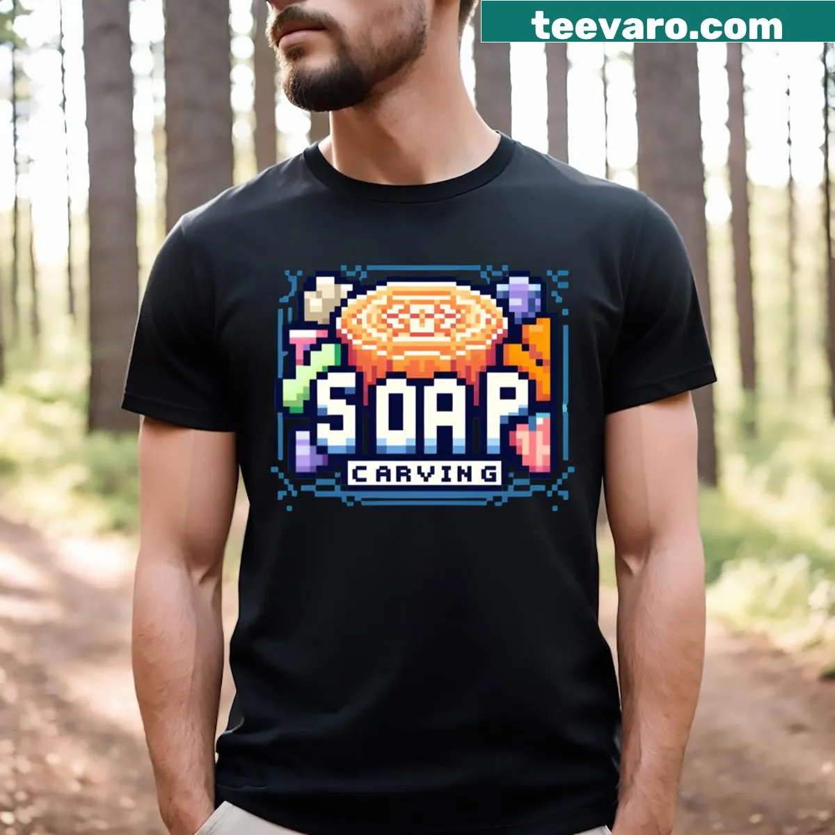 Retro pixel art design inspired by soap carving on a T-shirt — on a men's t-shirt