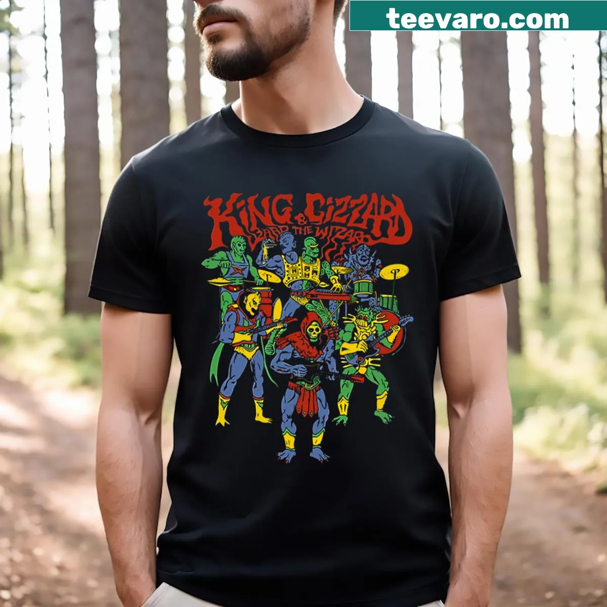 Graphic T-shirt featuring the whimsical Gizzard King design — on a men's t-shirt