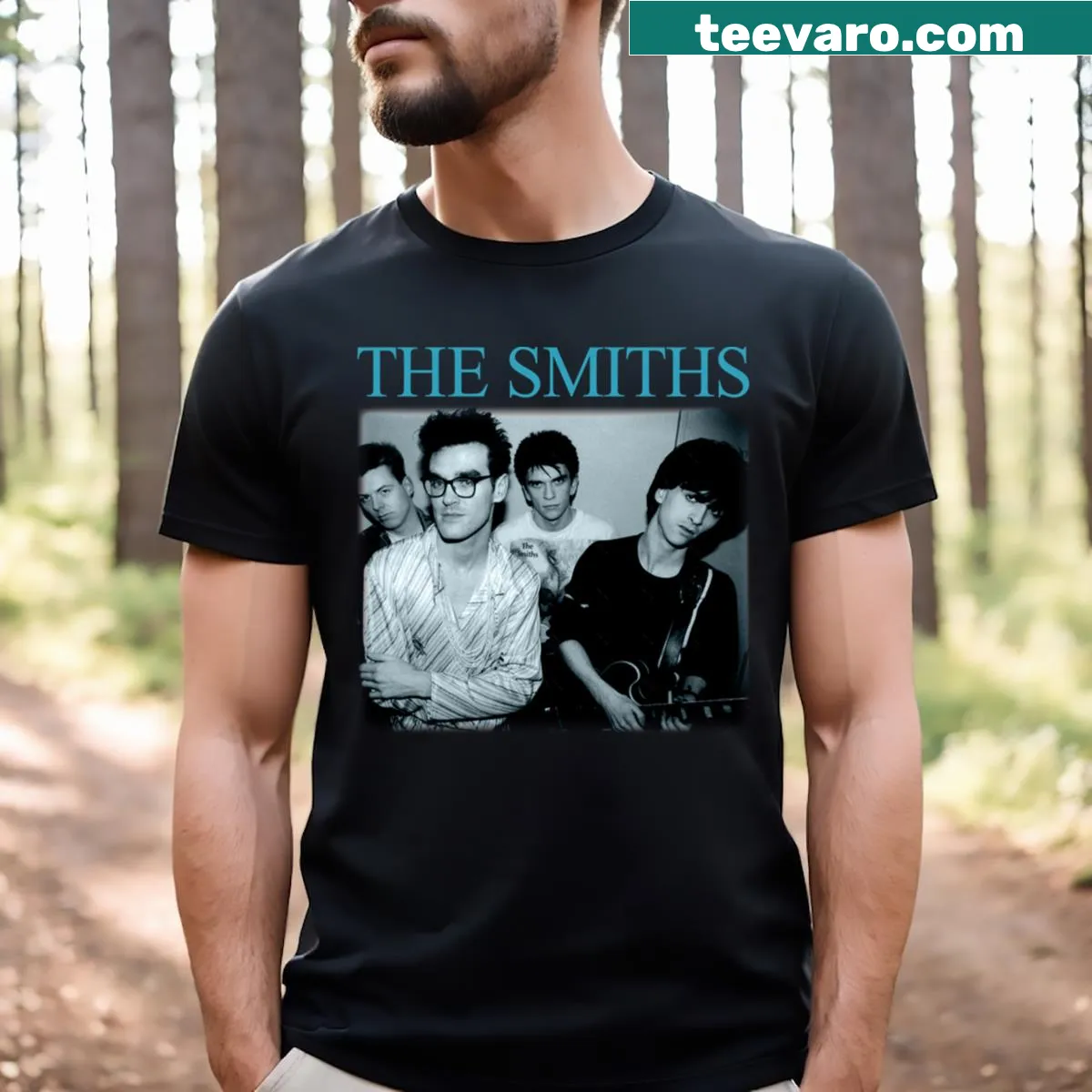 Vintage t-shirt featuring a retro photo of The Smiths — on a men's t-shirt