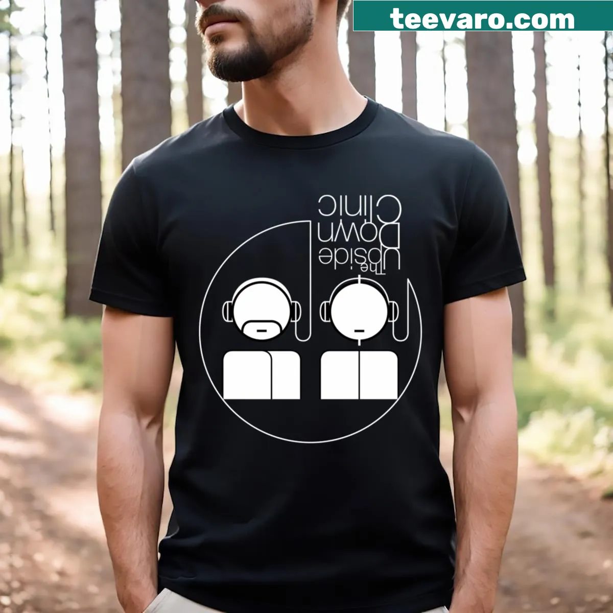 Edgy t-shirt with the Upside Down Clinic dark logo — on a men's t-shirt