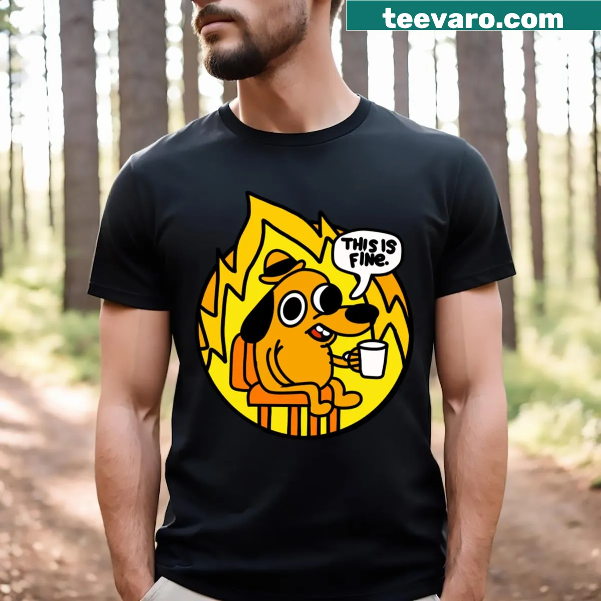 Humorous typography t-shirt with the phrase 'This Is Fine' — on a men's t-shirt