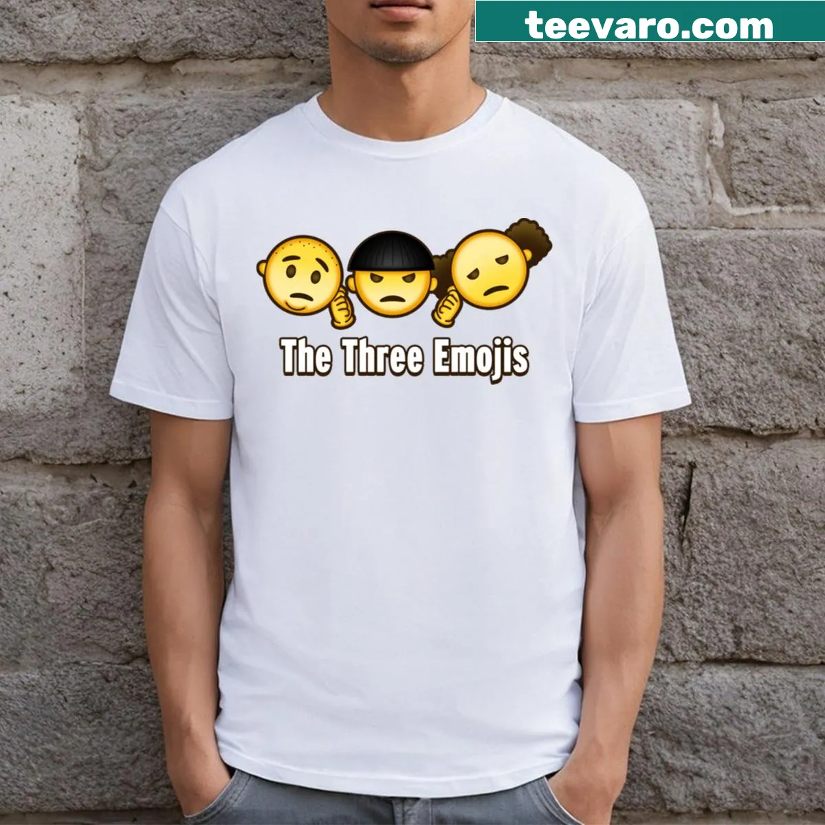 Retro T-shirt featuring Three Stooges imagery and funny emojis. — on a men's t-shirt