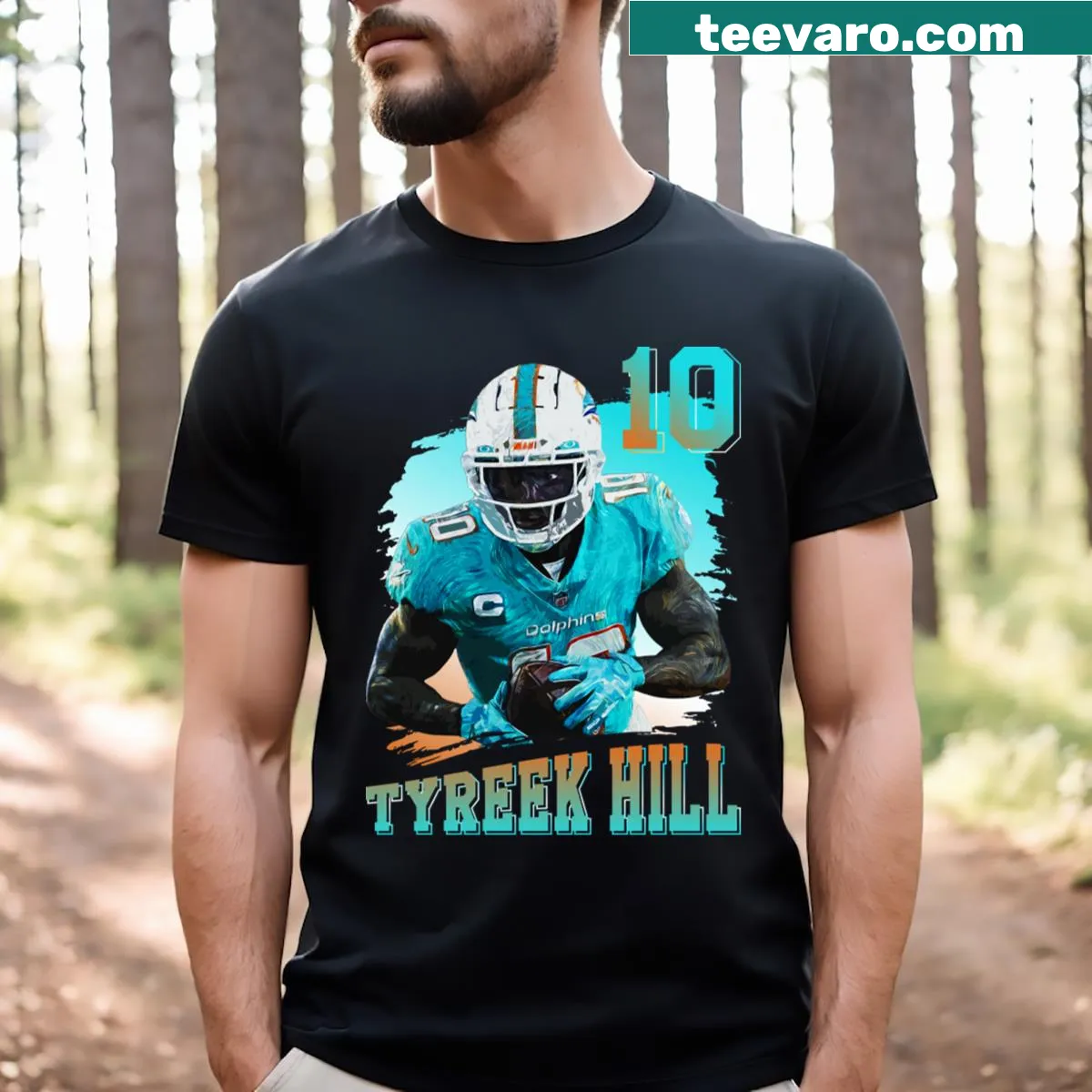 Tyreek Hill t-shirt with bold player name design — on a men's t-shirt
