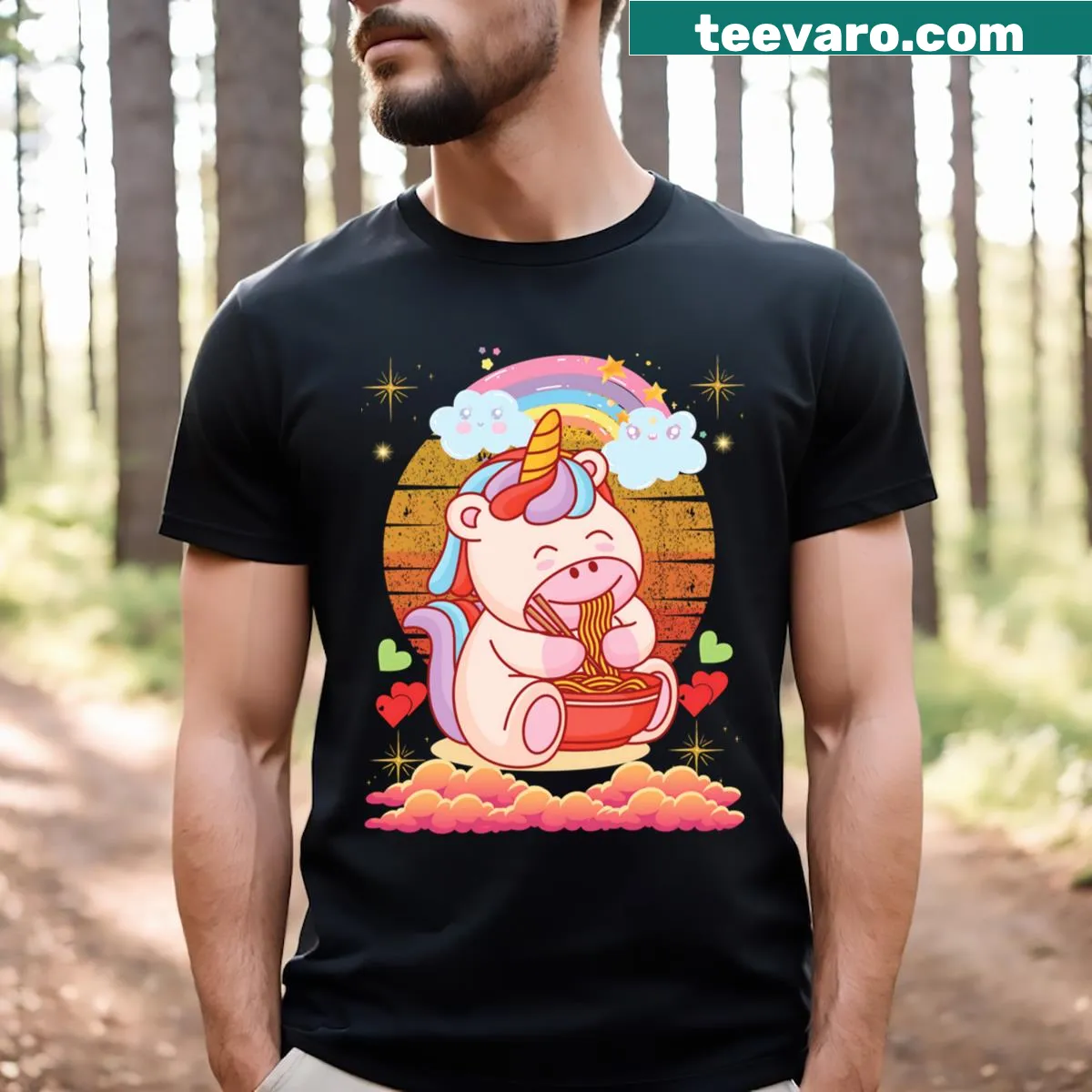 Cute cartoon T-shirt of a unicorn eating Japanese ramen noodles — on a men's t-shirt