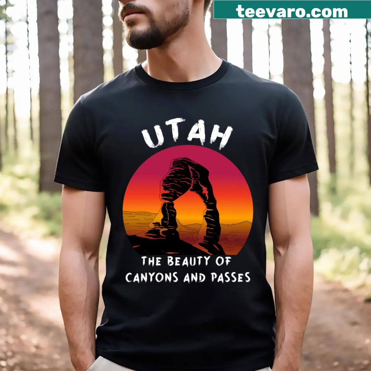 Illustrated T-shirt featuring a serene Utah sunset scene. — on a men's t-shirt