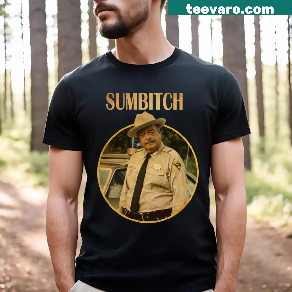 Vintage-style T-shirt with humorous text 'Sumbitch' — on a men's t-shirt