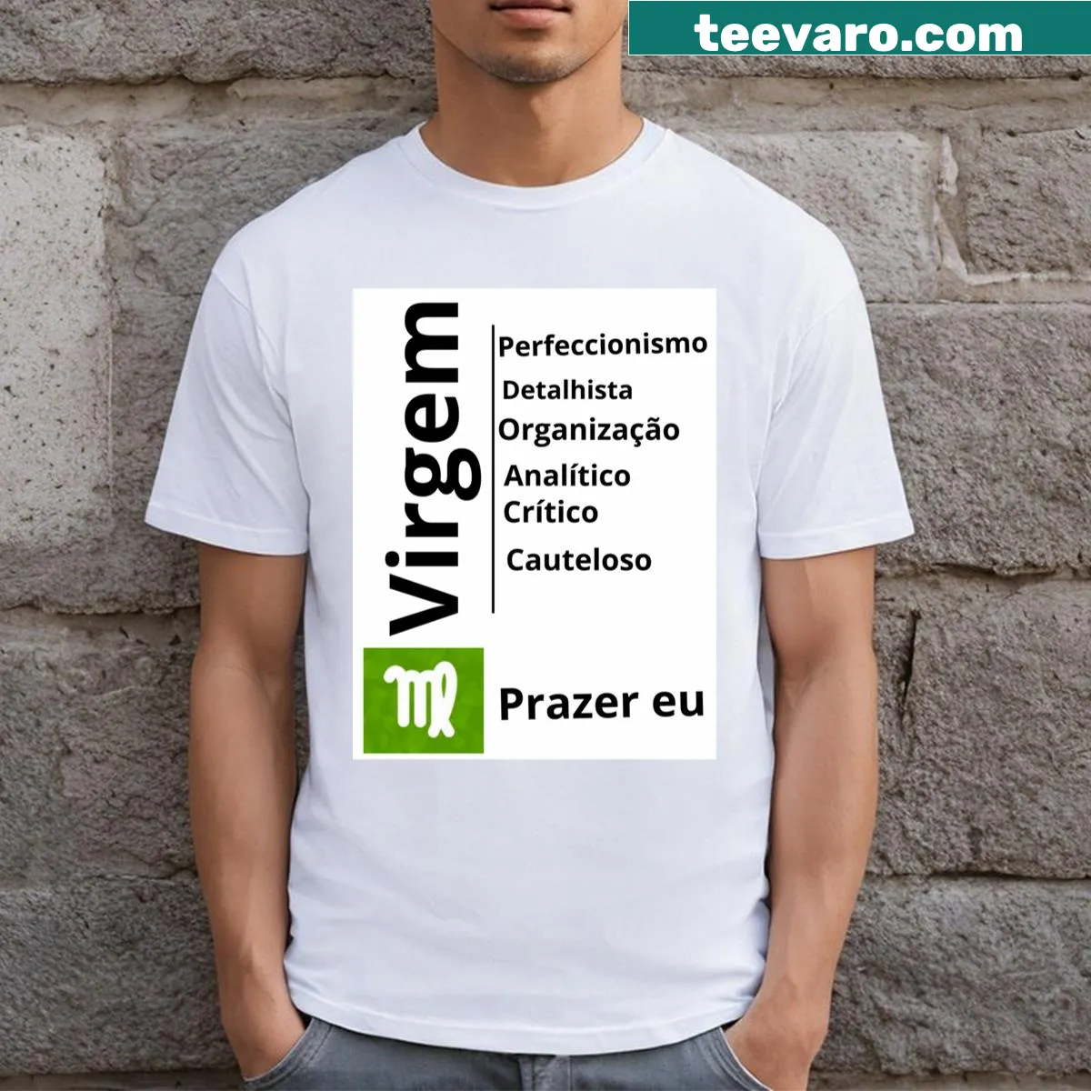 T-shirt featuring the Virgo astrological symbol and text — on a men's t-shirt
