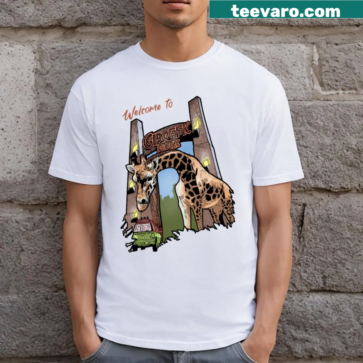 Whimsical giraffe illustration on a T-shirt — on a men's t-shirt