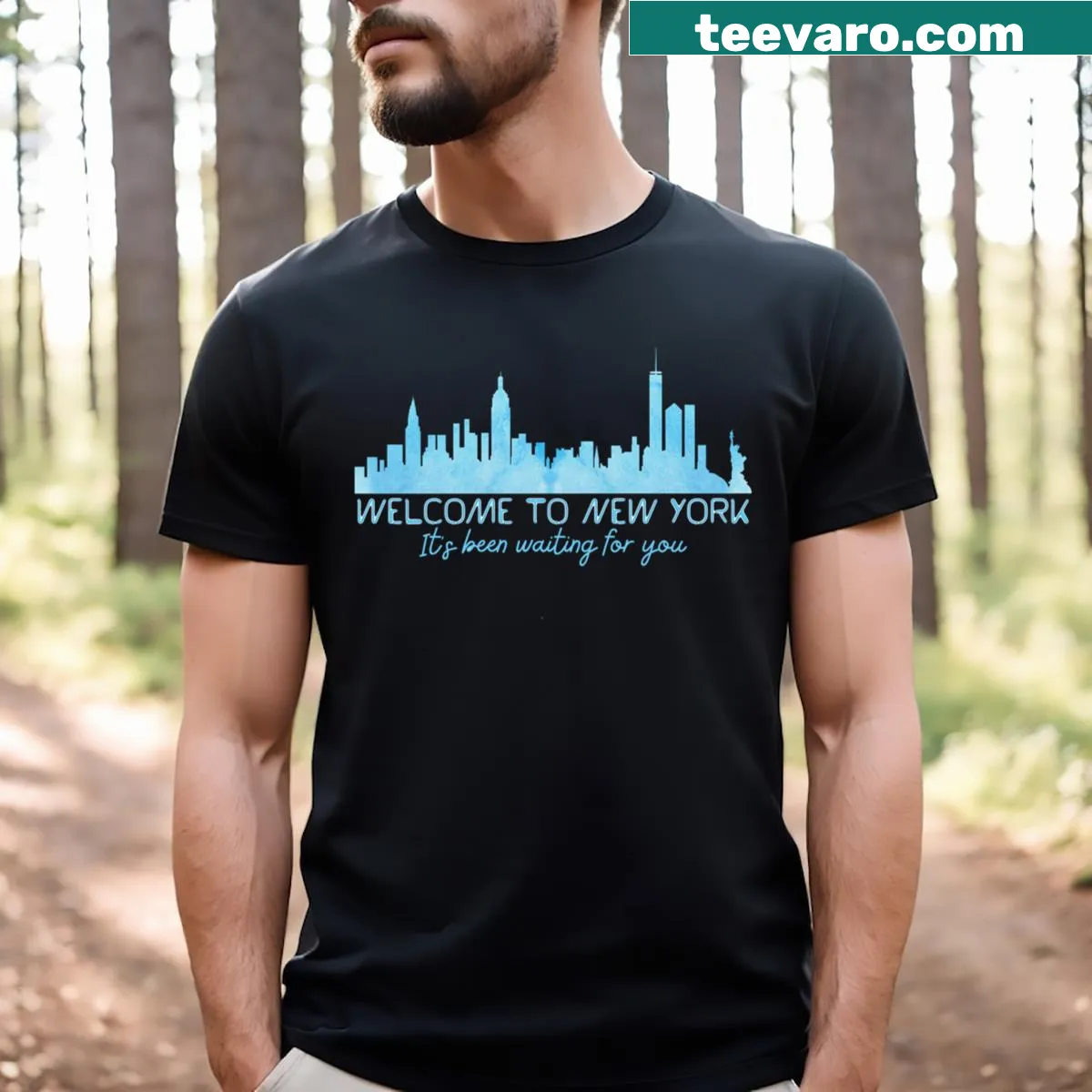 T-shirt featuring a welcoming New York City graphic — on a men's t-shirt