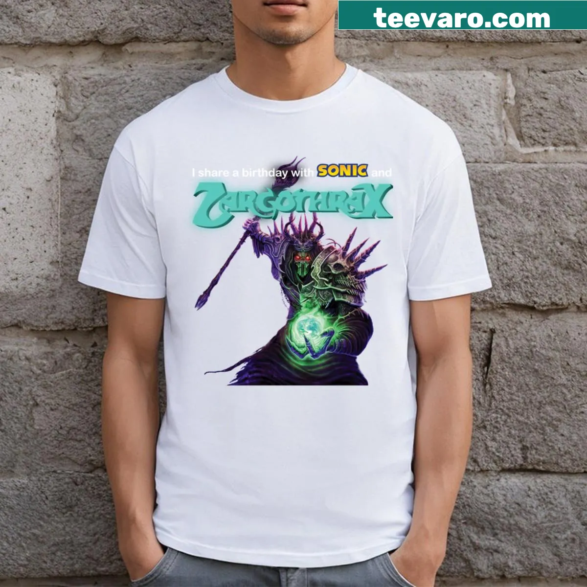 Whimsical Zargothrax graphic T-shirt featuring a dragon theme — on a men's t-shirt