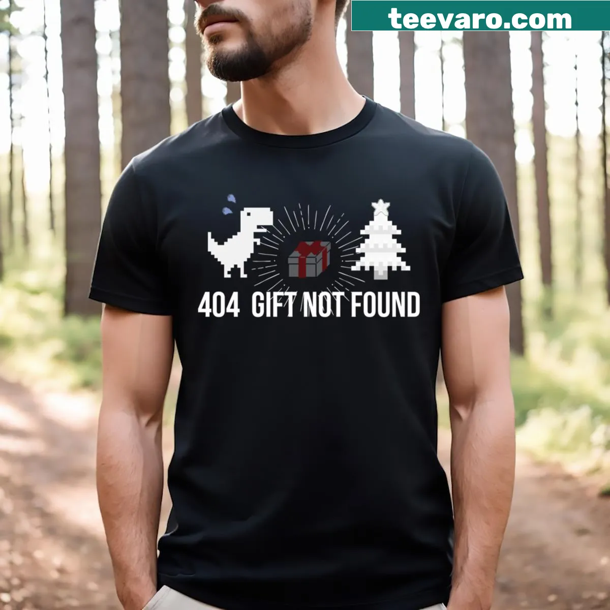 404 Not Found error dinosaur Christmas T-shirt design — on a men's t-shirt