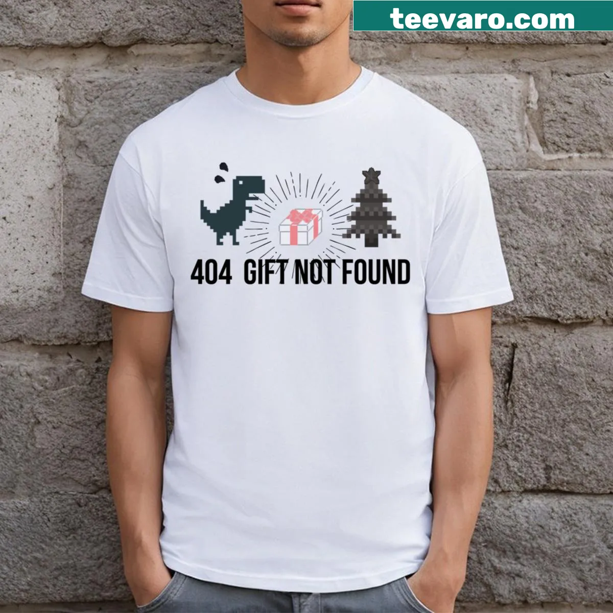 404 Not Found error dinosaur Christmas T-shirt design — on a men's t-shirt