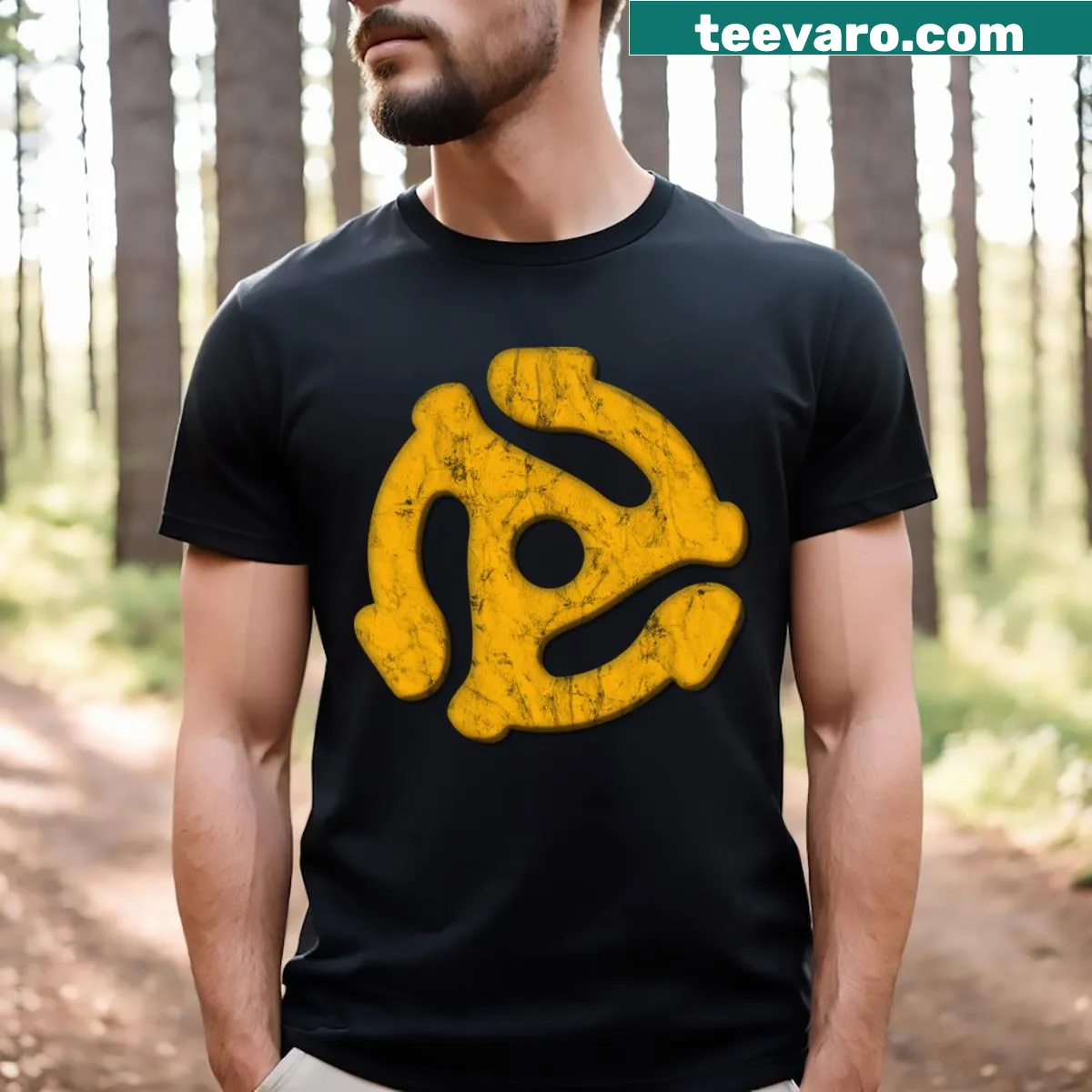Distressed T-shirt featuring a 45 record adapter graphic — on a men's t-shirt
