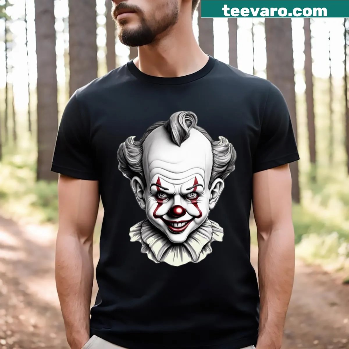 Creepy clown illustration with chilling stare — on a men's t-shirt