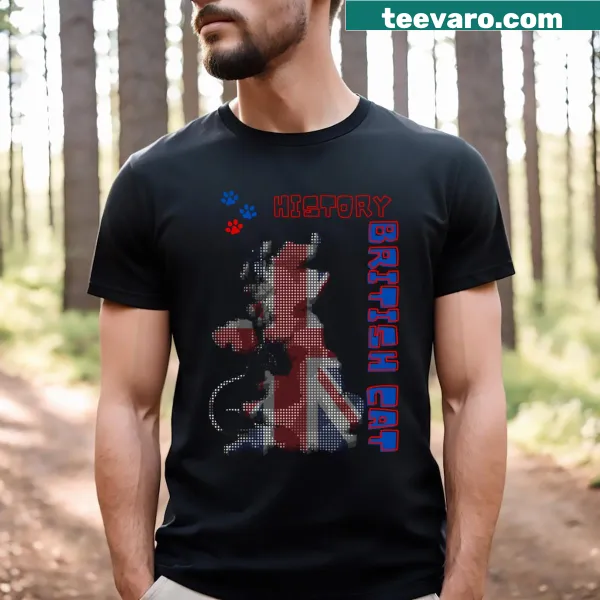 Illustrated timeline of cats in Britain on a t-shirt