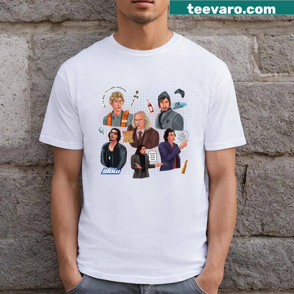 Adam Driver SNL characters graphic T-shirt — on a men's t-shirt