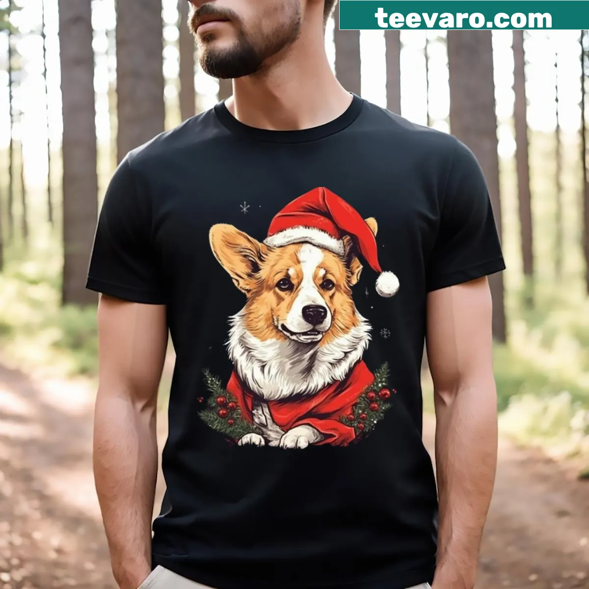 Corgi in Santa costume graphic for festive Merry Corgmas shirt — on a men's t-shirt