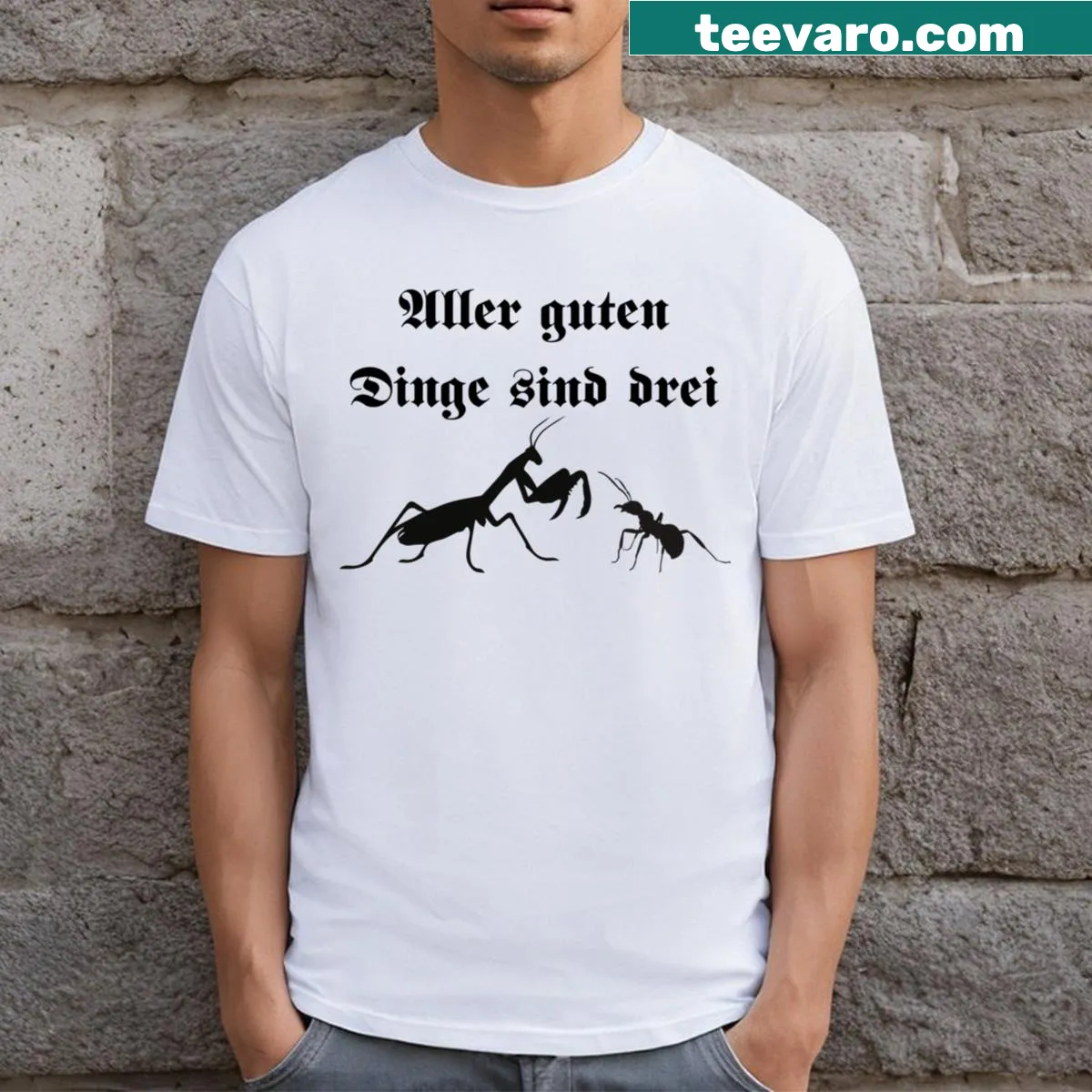 T-shirt with uplifting saying about good things in threes — on a men's t-shirt