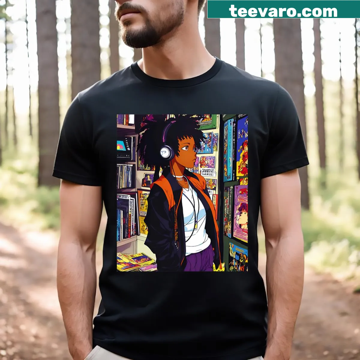 Cute anime T-shirt featuring a black girl enjoying Lofi music — on a men's t-shirt