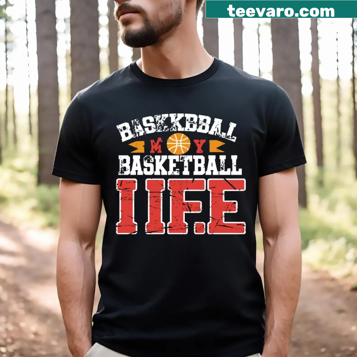 Typography design stating 'Basketball Ismylife' on a t-shirt — on a men's t-shirt