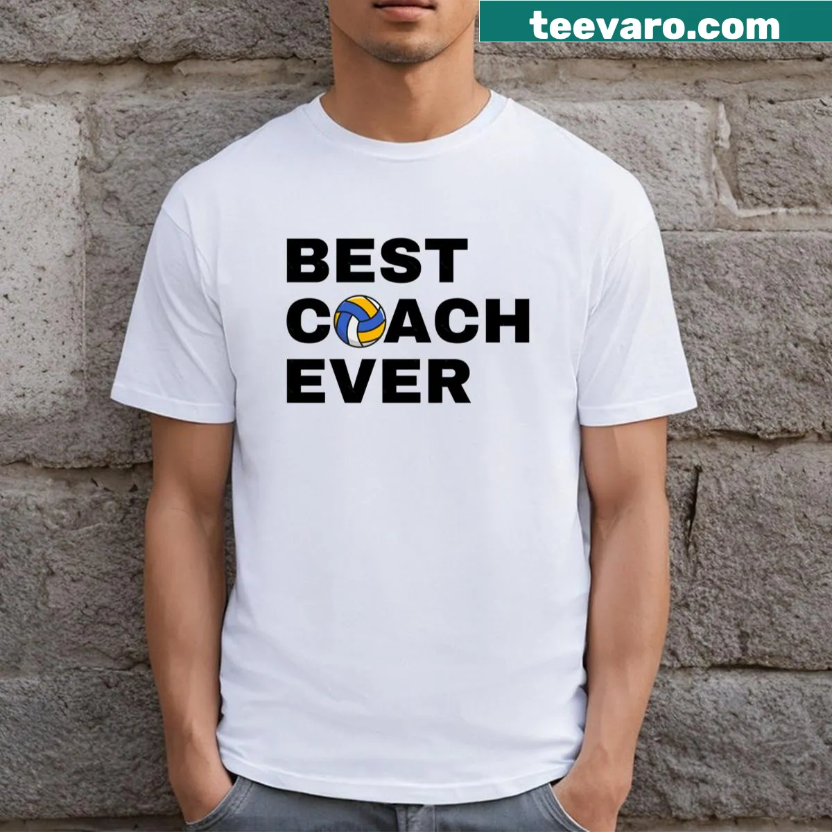 Black T-shirt with 'Best Coach Ever' text for volleyball coaches — on a men's t-shirt