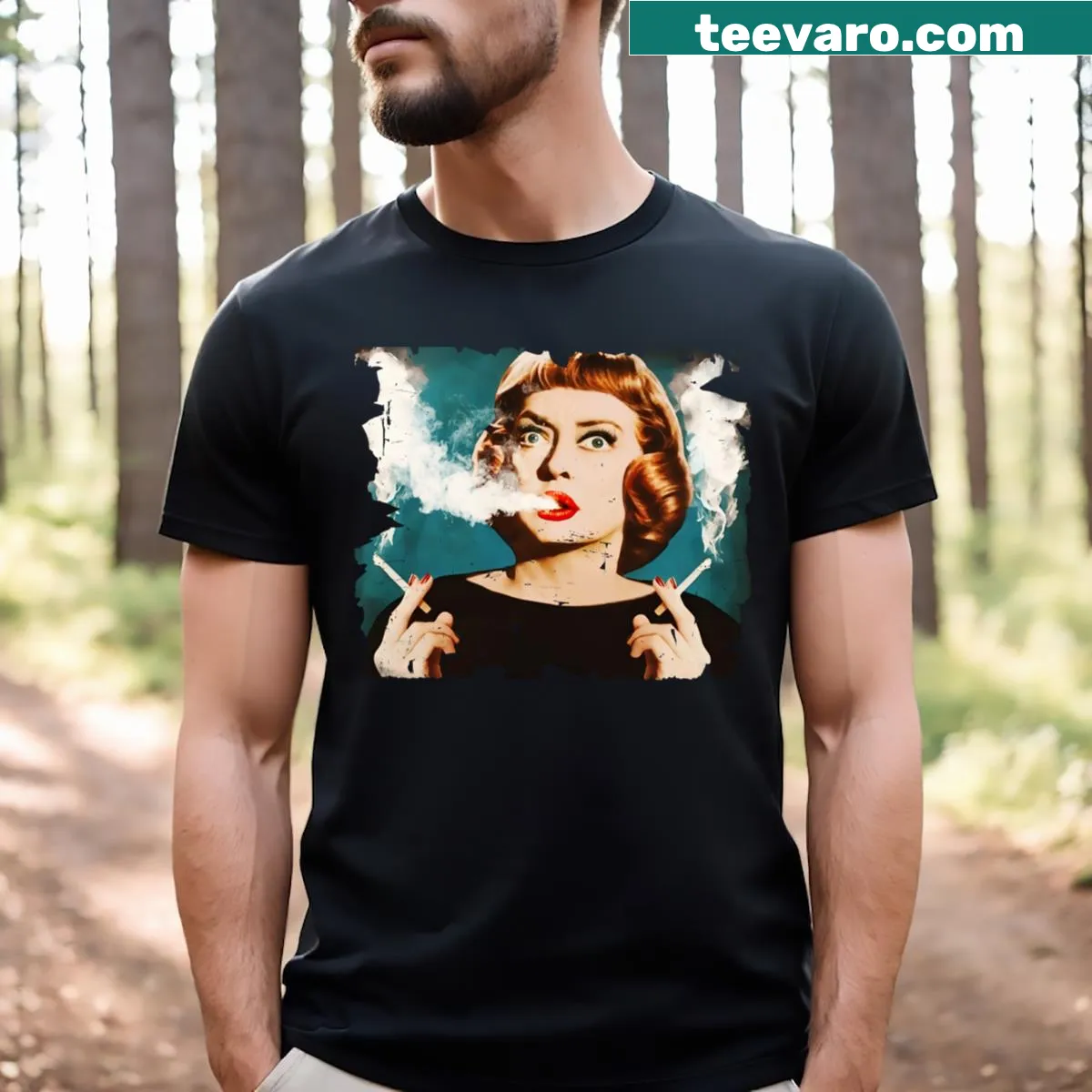 Graphic T-shirt featuring Bette Davis holding a cigarette, showcasing vintage Hollywood charm. — on a men's t-shirt