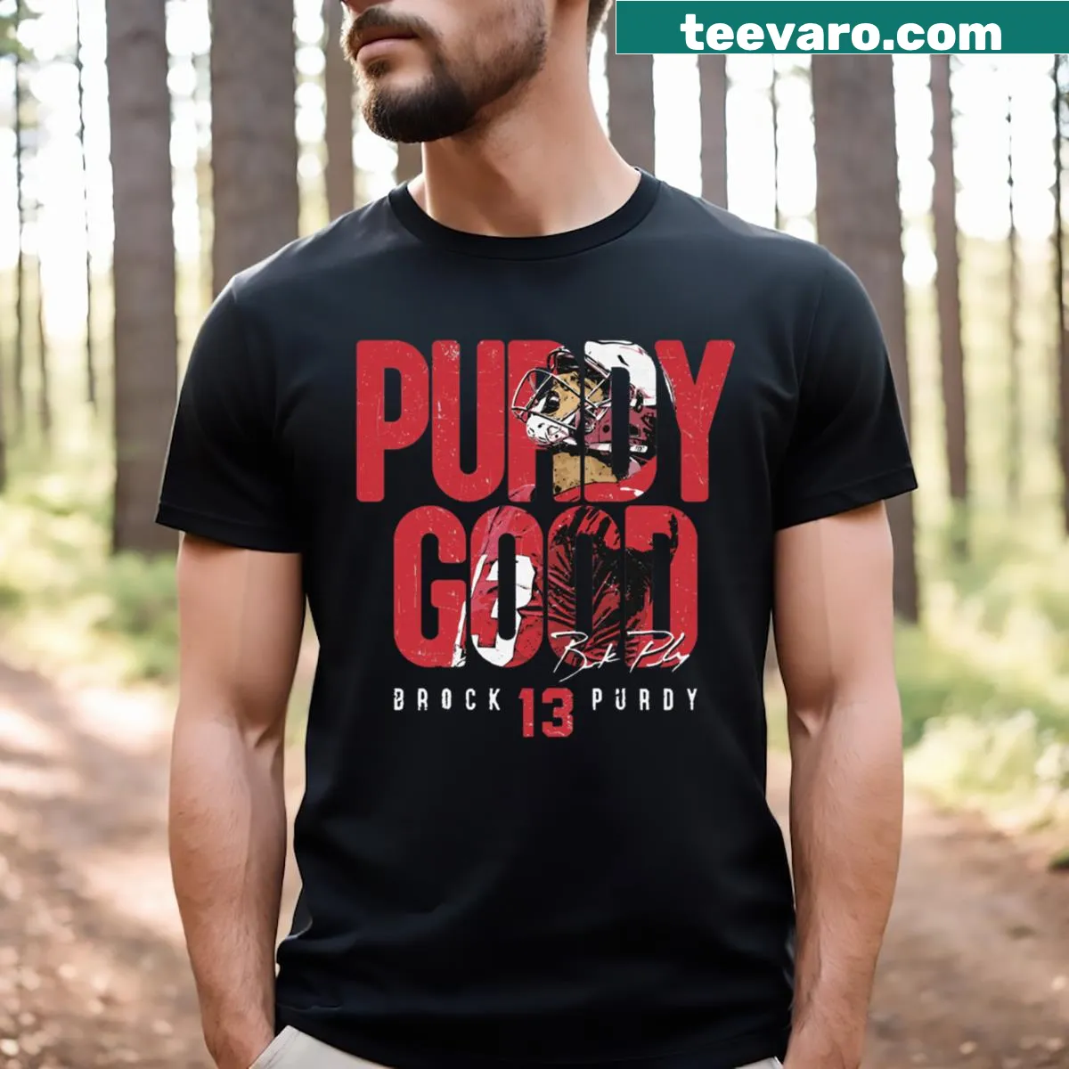 T-shirt featuring the phrase 'Purdy Good' in playful typography — on a men's t-shirt