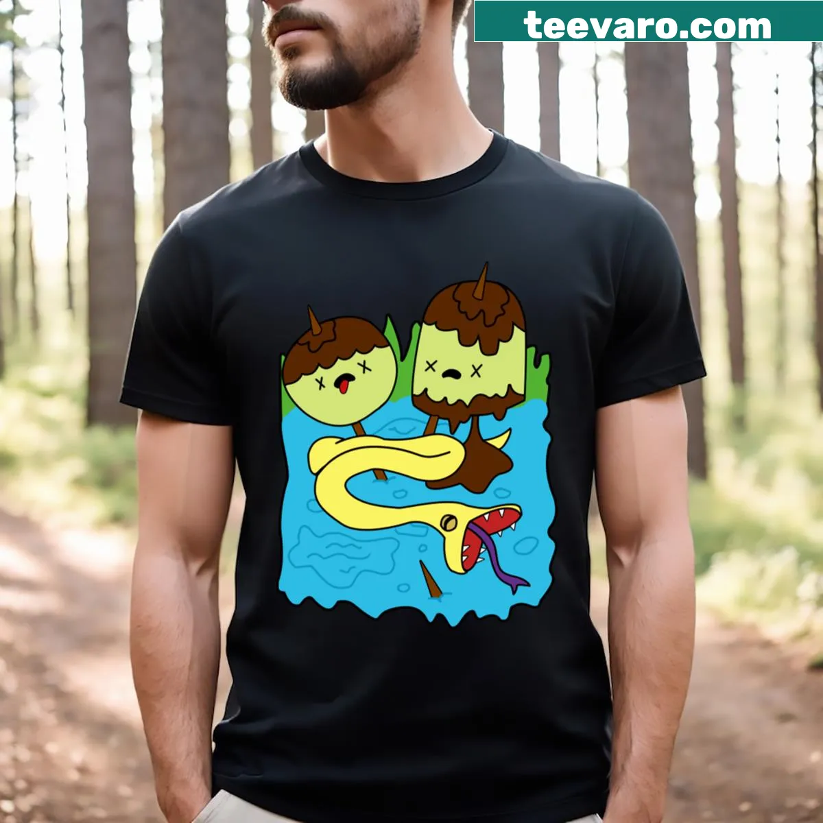Candy-themed humorous graphic on Candypocalypse t-shirt — on a men's t-shirt