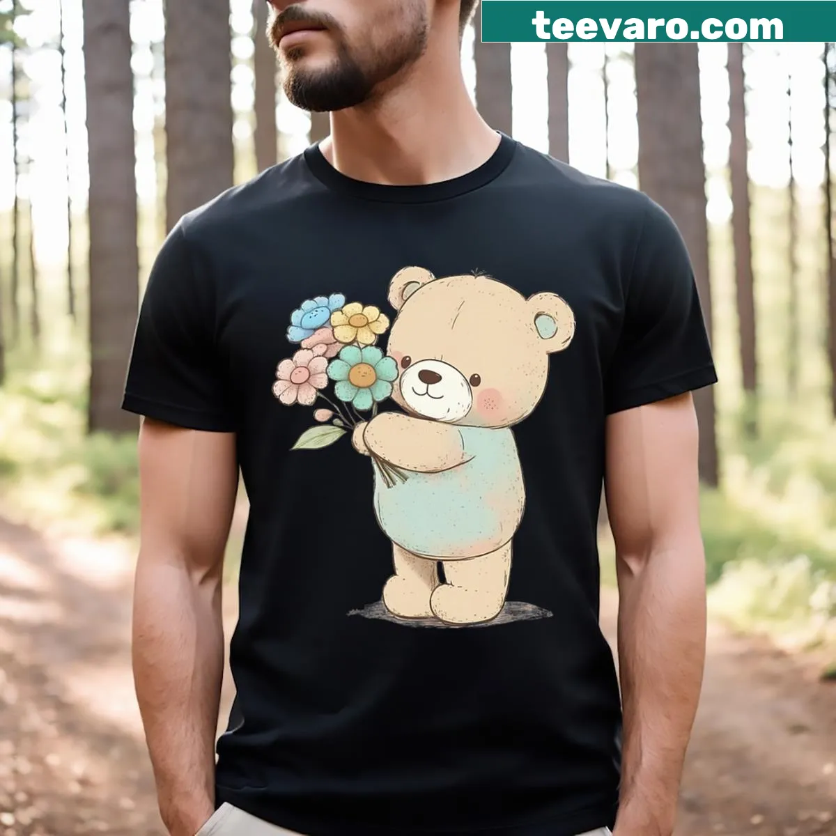 Cute cartoon bear T-shirt with flowers illustration — on a men's t-shirt