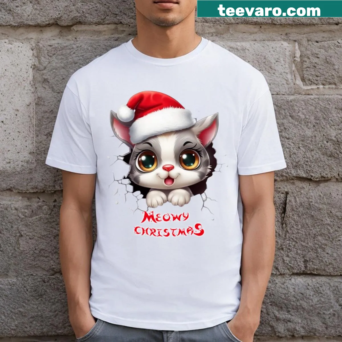 Festive T-shirt featuring a cat with Christmas ornaments — on a men's t-shirt