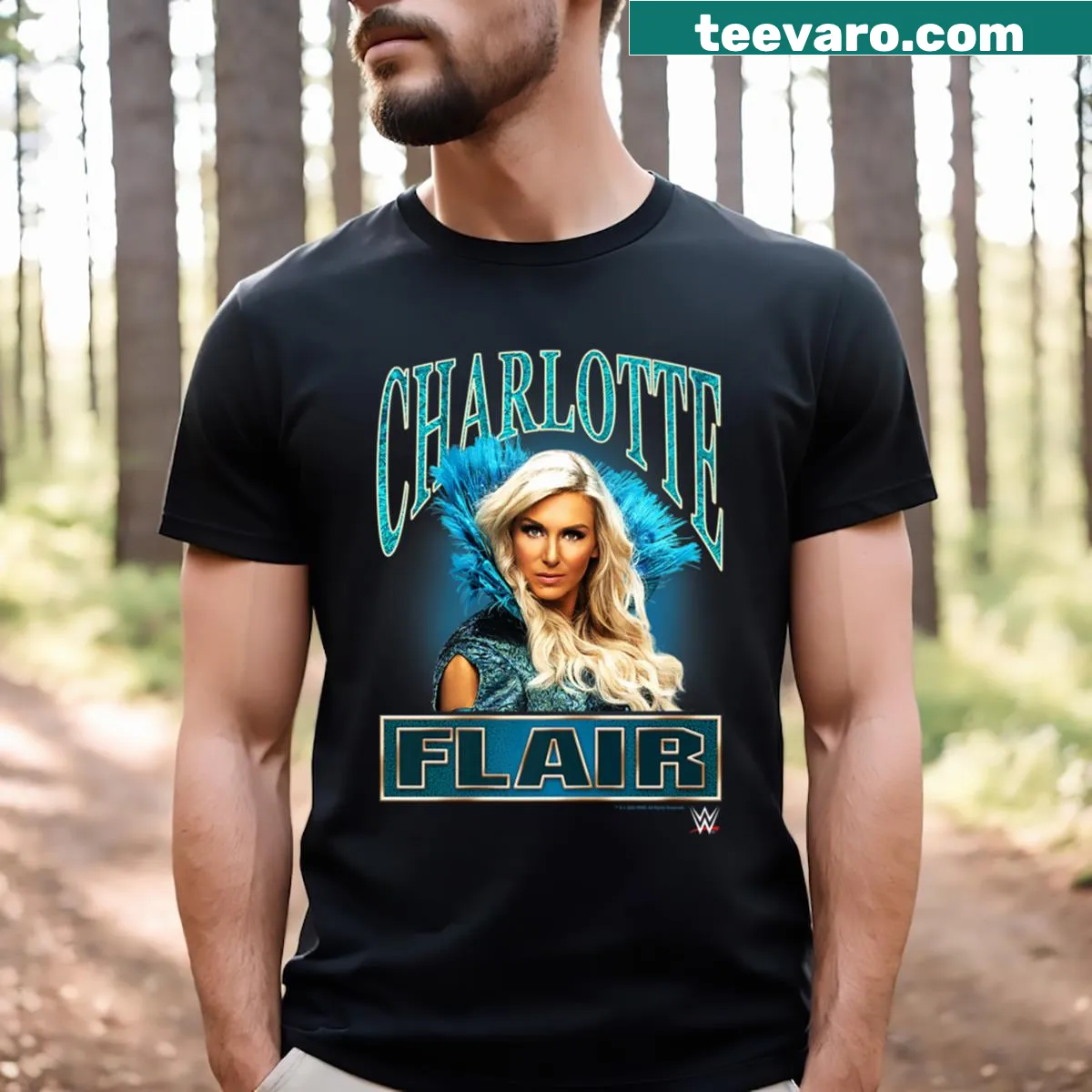Illustrated t-shirt of wrestler Charlotte Flair — on a men's t-shirt