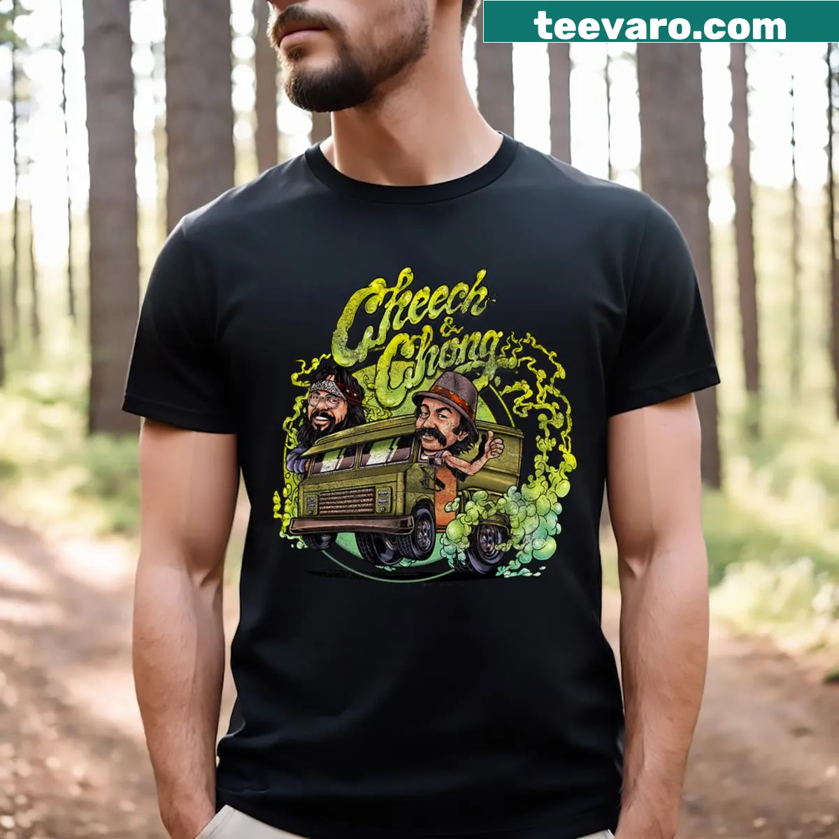 Cheech and Chong in a retro truck with green smoke on a T-shirt — on a men's t-shirt
