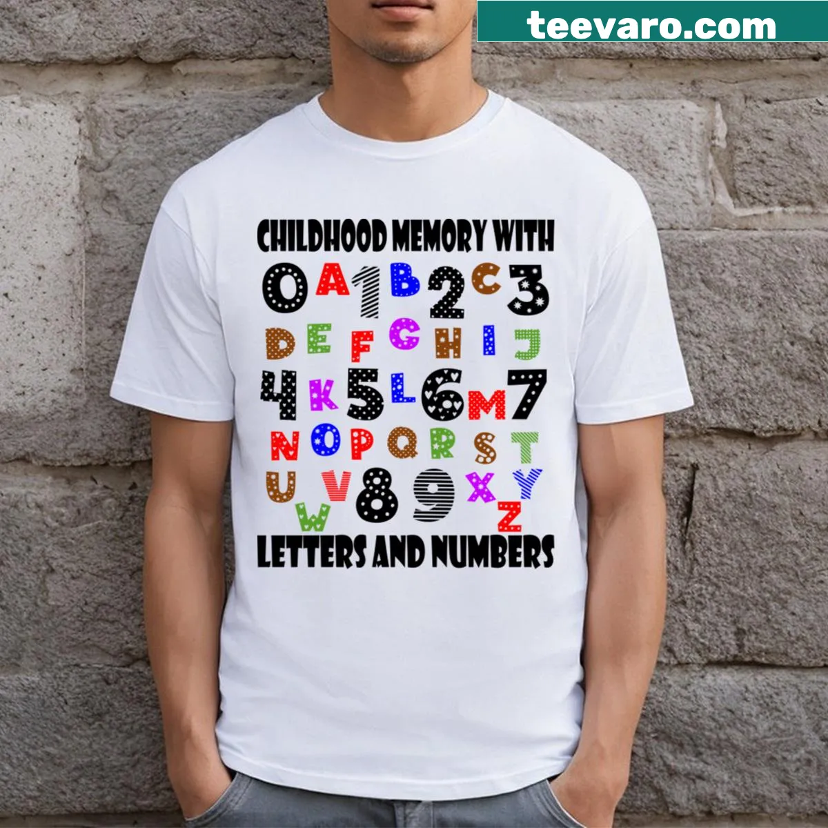 Illustration of letters and numbers on a childhood memory T-shirt — on a men's t-shirt