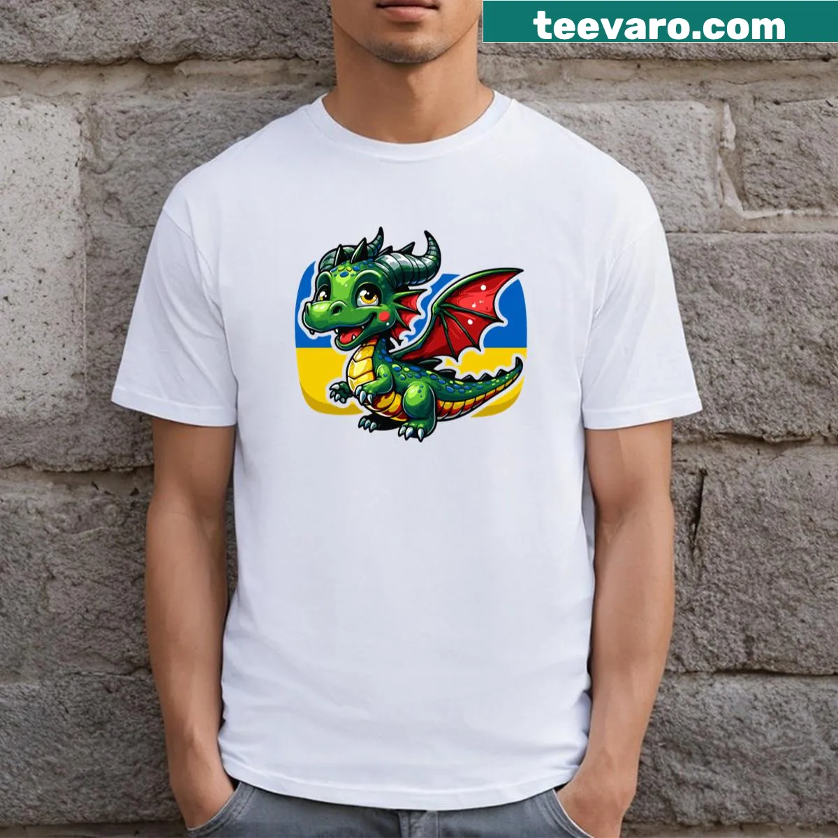 Funny dragon T-shirt with Ukrainian flag for Christmas and New Year — on a men's t-shirt