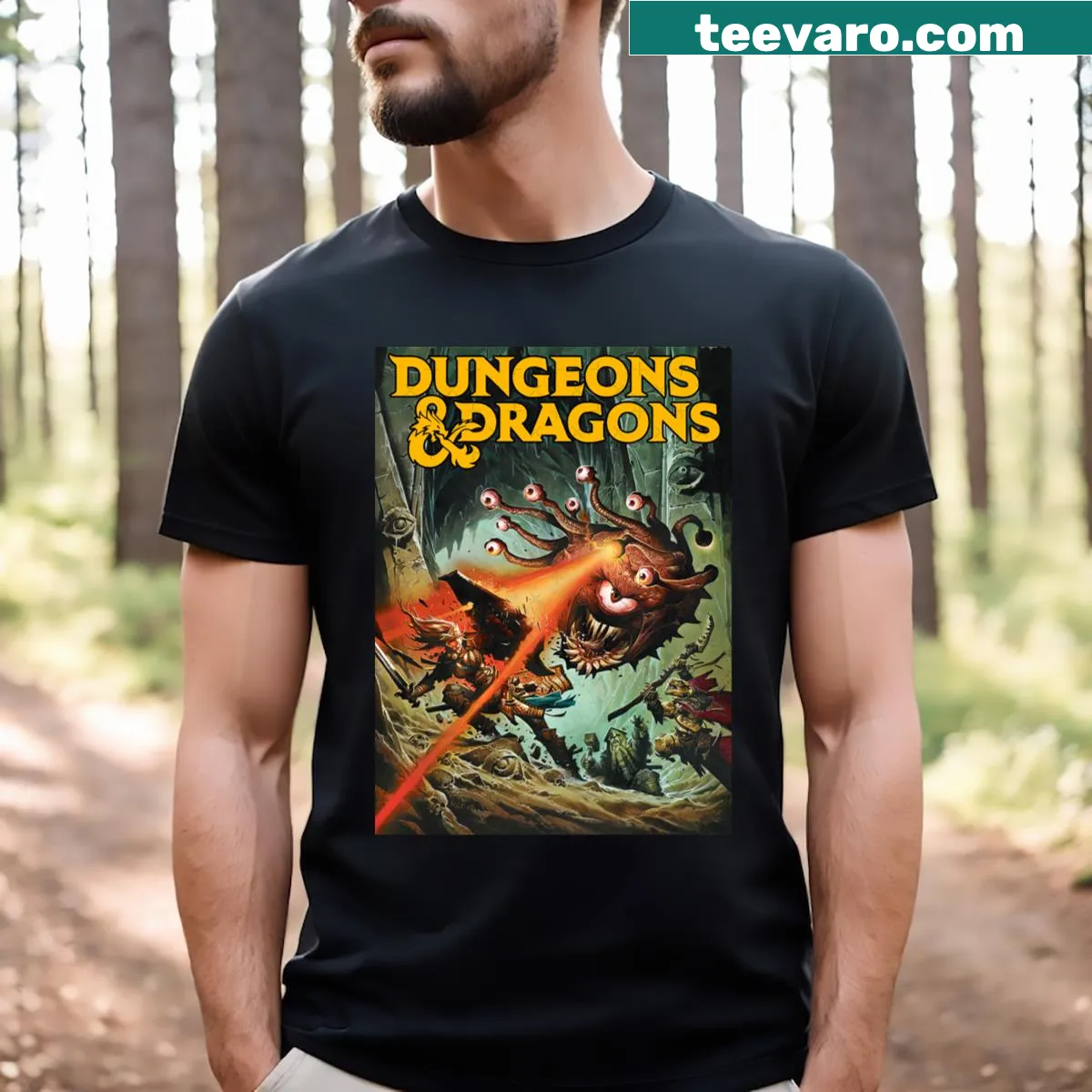 Classic yellow text Dungeons & Dragons graphic t-shirt — on a men's t-shirt