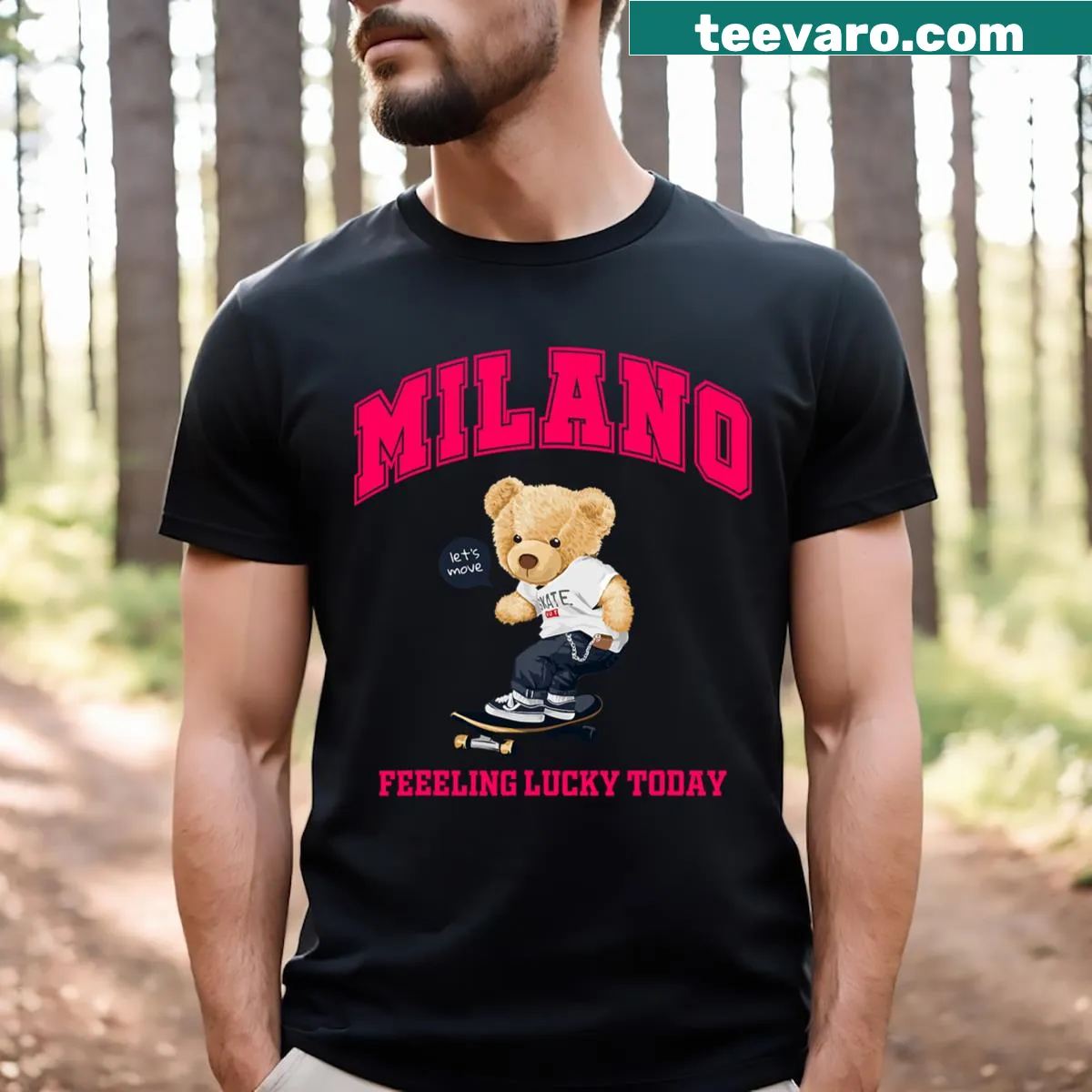 Teddy bear illustration cartoon T-shirt inspired by Milan — on a men's t-shirt