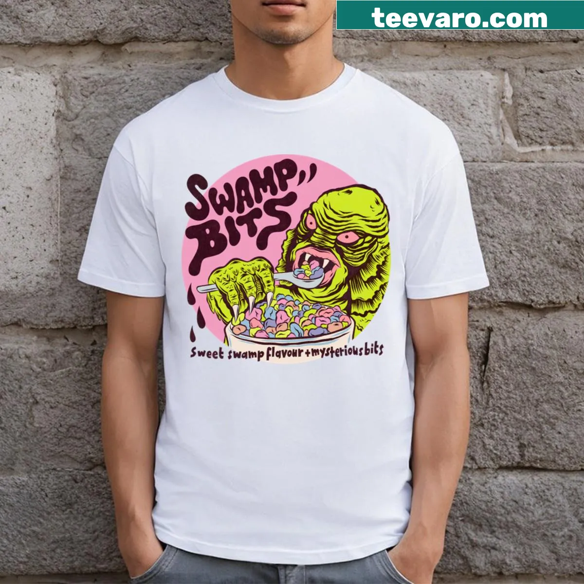 Whimsical T-shirt featuring a creature from a cereal lagoon — on a men's t-shirt