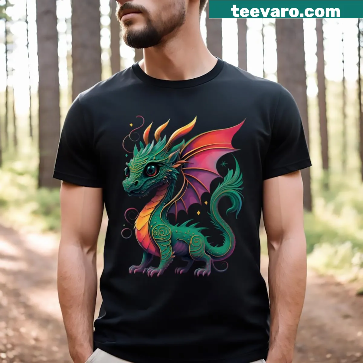 T-shirt featuring a cute elvish dragon illustration — on a men's t-shirt