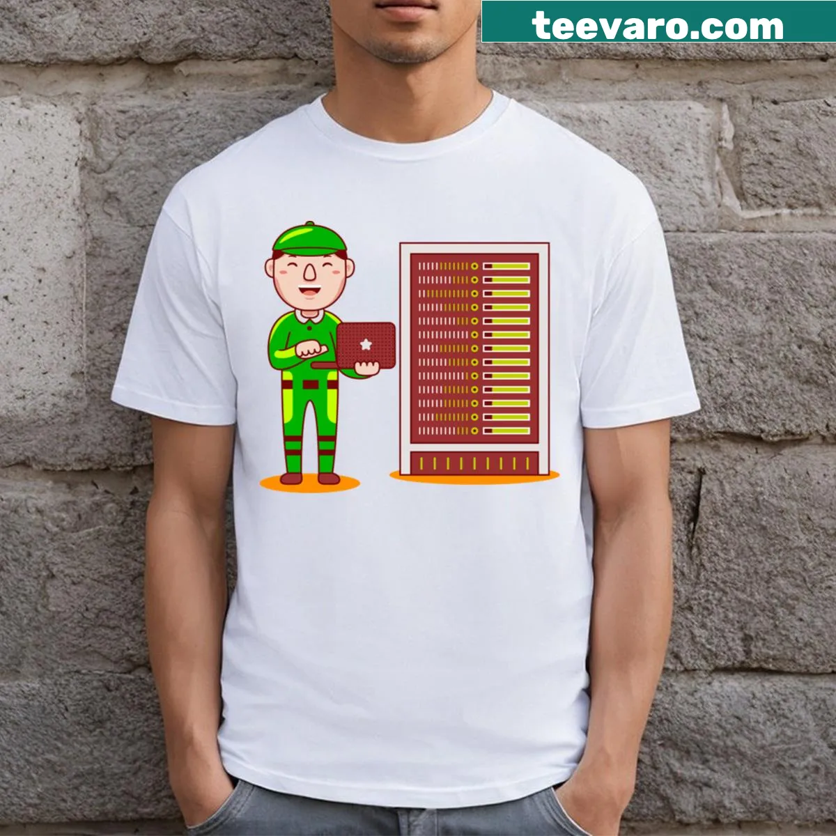 Cartoon graphic of a network engineer on a T-shirt — on a men's t-shirt