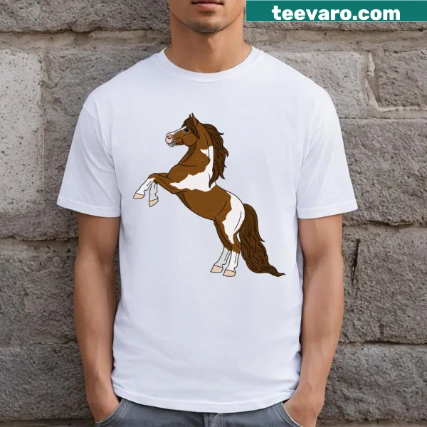 Cute T-shirt featuring a rearing chestnut pony with spots