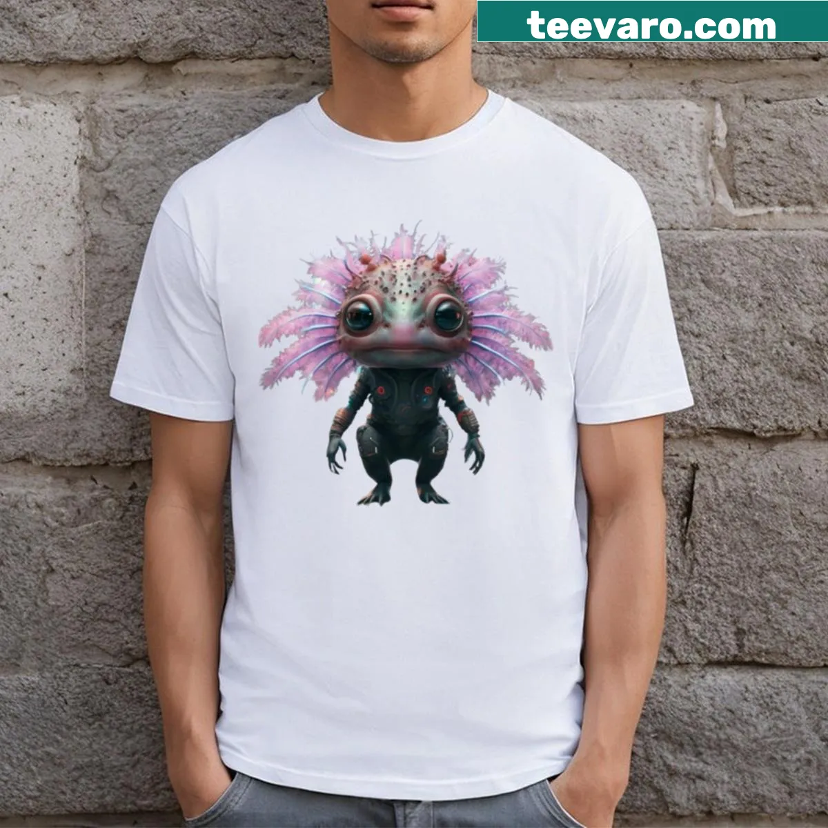 Cartoon-style T-shirt featuring a funny robotic axolotl design. — on a men's t-shirt