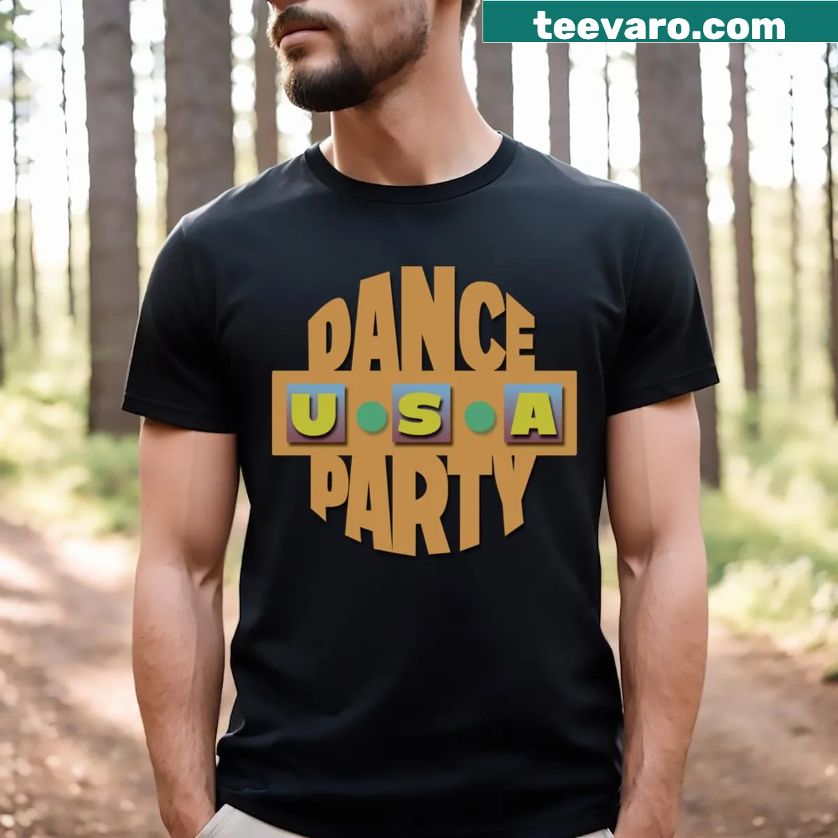 Dance Party USA logo graphic T-shirt celebrating dance and music — on a men's t-shirt