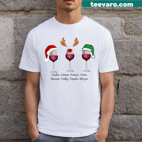 Humorous Christmas T-shirt featuring reindeer and festive drinks
