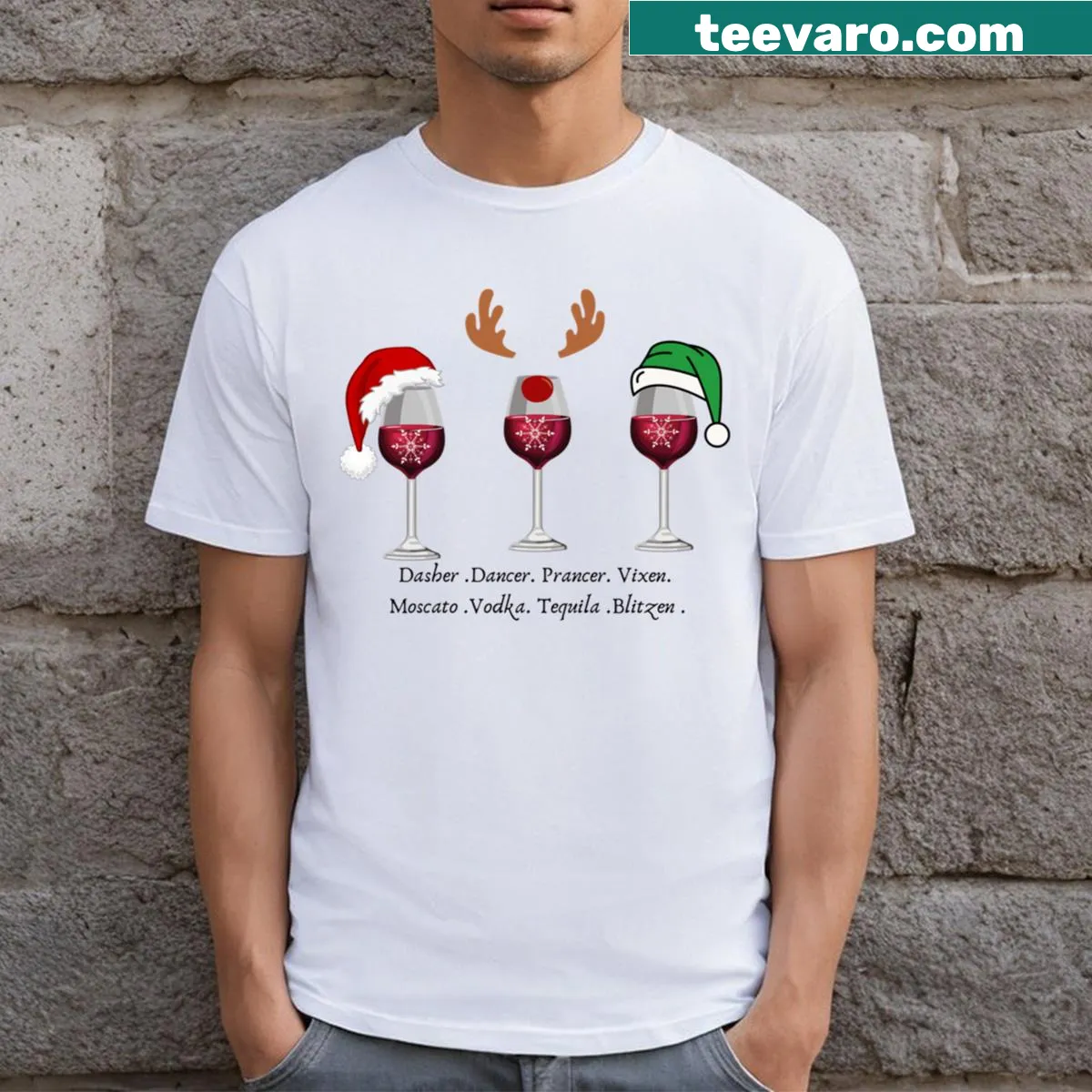 Humorous Christmas T-shirt featuring reindeer and festive drinks — on a men's t-shirt