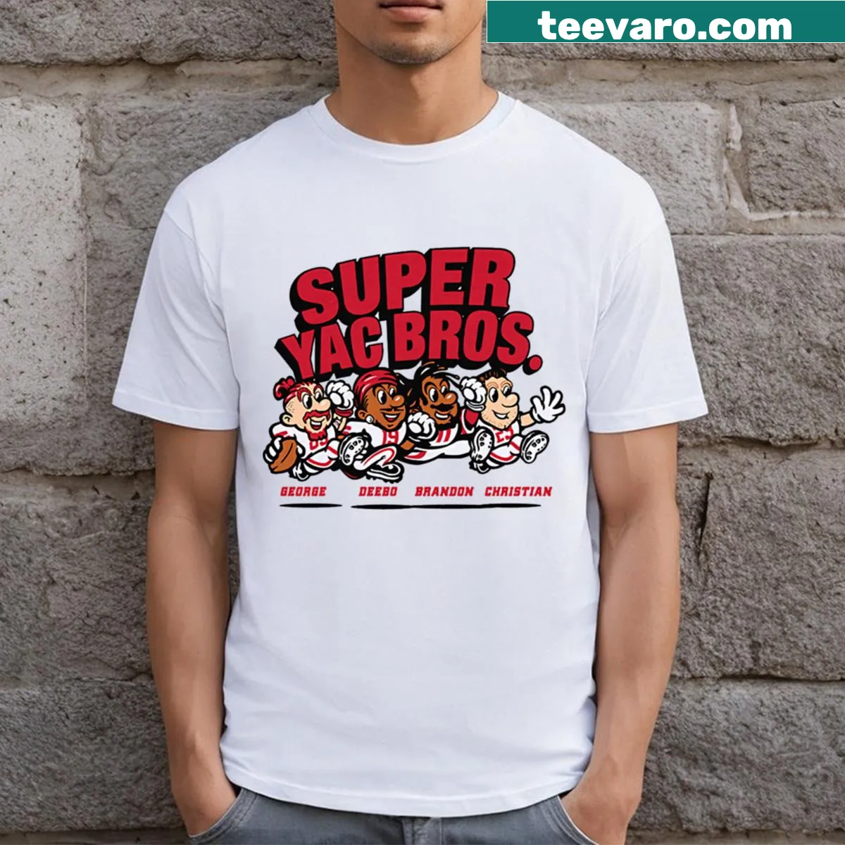 Illustrative T-shirt featuring names of football stars Deebo Samuel, George Kittle, and Christian McCaffrey — on a men's t-shirt