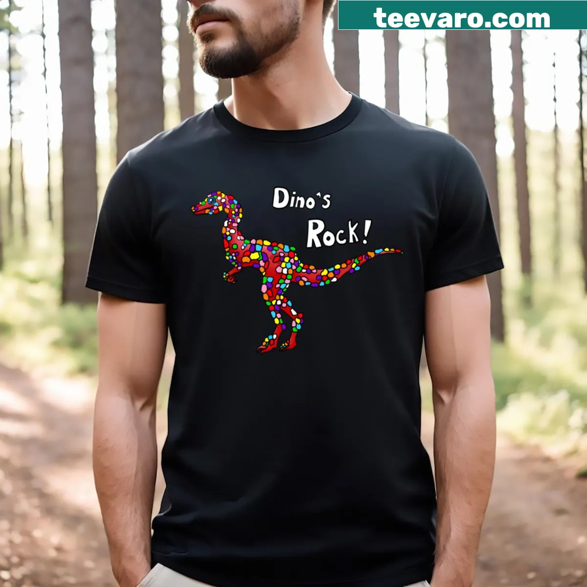 Cartoon dinosaur graphic t-shirt — on a men's t-shirt