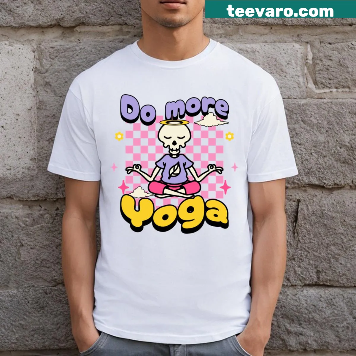 Skeleton practicing yoga on a t-shirt — on a men's t-shirt