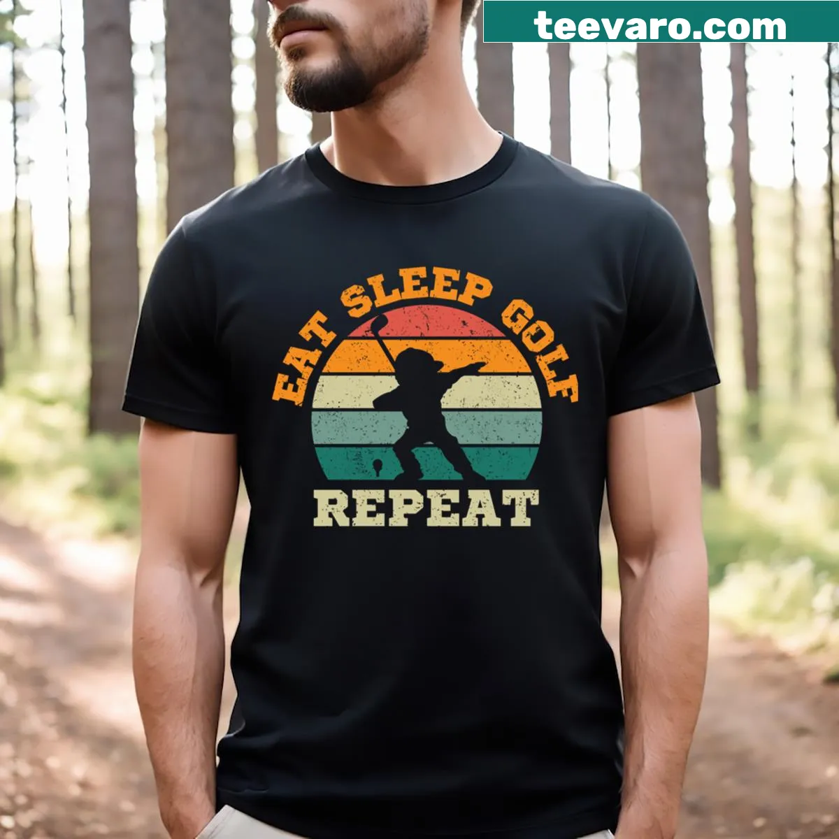 Funny Eat Sleep Golf Repeat T-shirt with dabbing golfer graphic — on a men's t-shirt